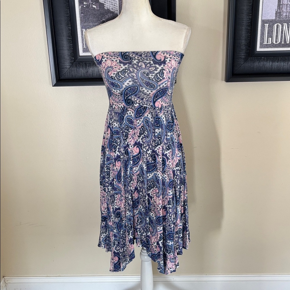 Paisley Strapless High Low Dress in Pink & Blue